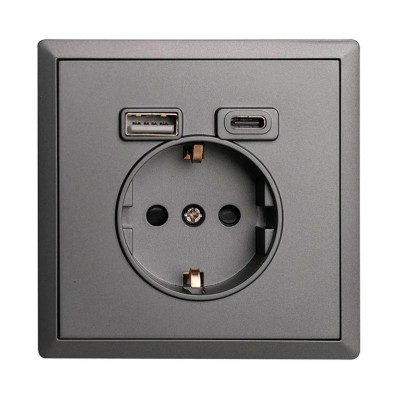 Πρίζα Σούκο με 2 θύρες USB+ Type C Ανθρακί Ματ Lineme Gena 50-00633-19